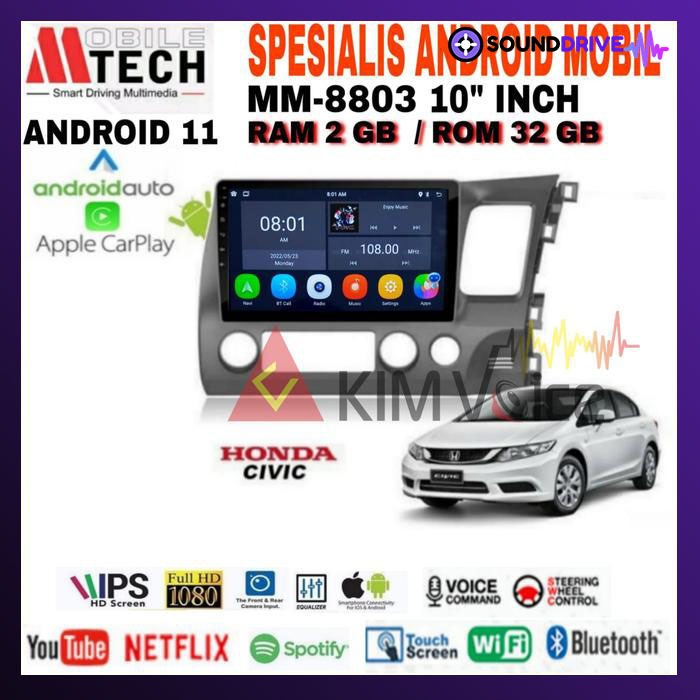 Head unit Android Mtech 10 inch Oem Honda civic 2006-2011 Soket pnp