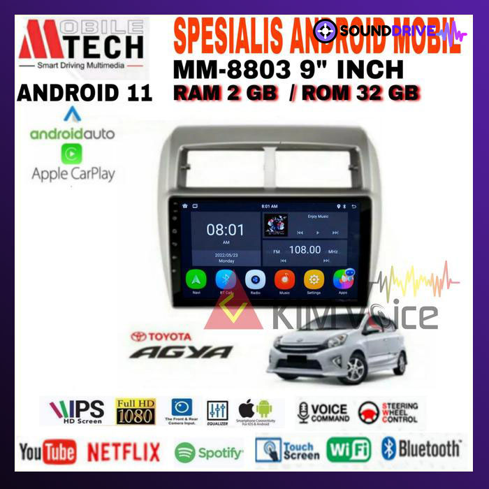 Head Unit Android Mtech 9 inch OEM Agya Ayla Soket PNP Silver, 4/64 GB